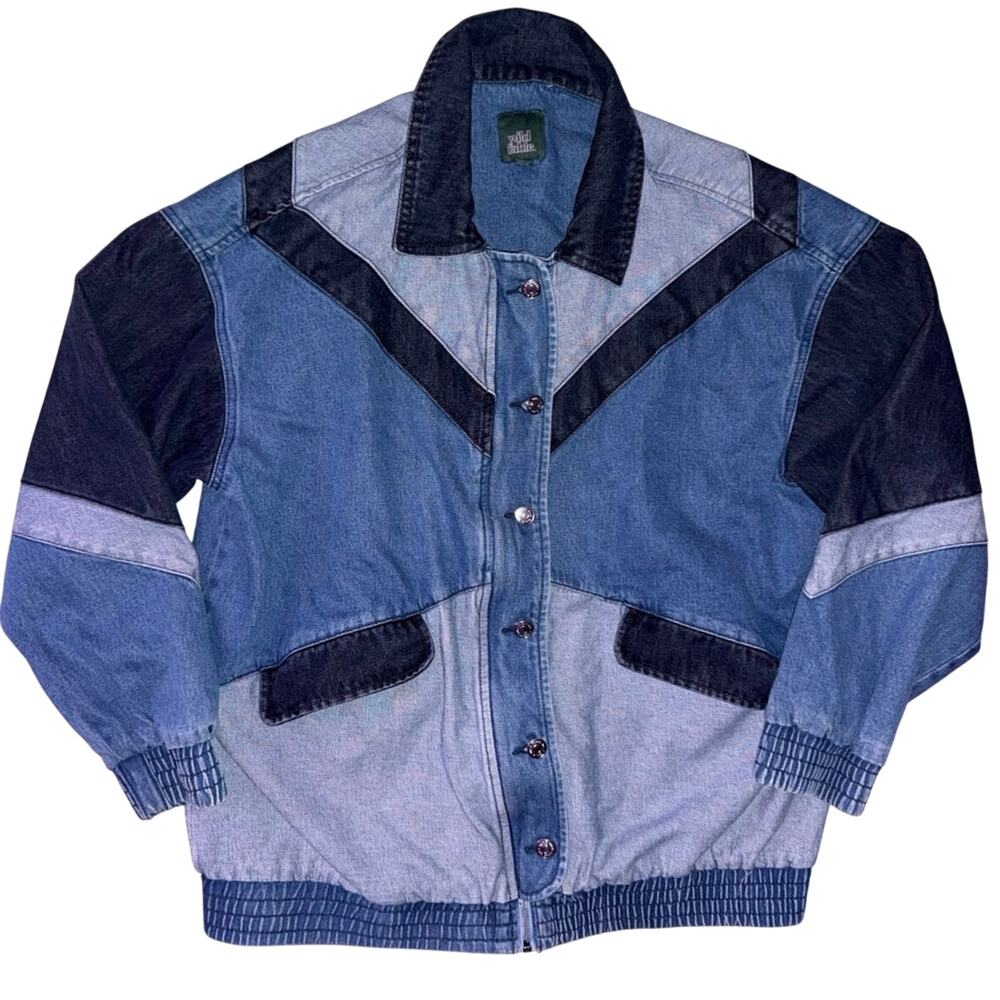 Wild Fable Retro Streetwear Colorblock Denim Bomber Jacket Sz large Blue Chevron